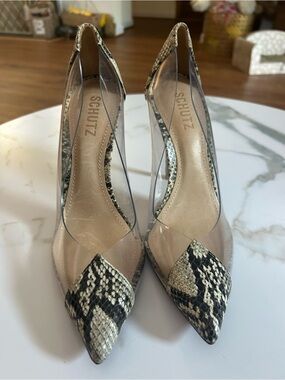 SCHUTZ Snake-Print Pointed Toe Pumps with Clear Panels in Black and Beige